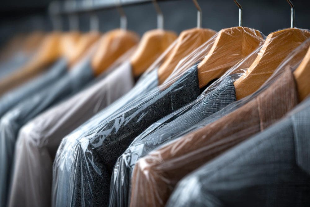 Suits and jackets on wooden hangers are covered in plastic garment bags, hanging in a row at a dry cleaner or clothing store.