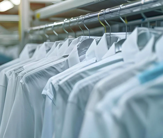 Row of white dress shirts hanging on metal hangers in a closet or laundry facility.