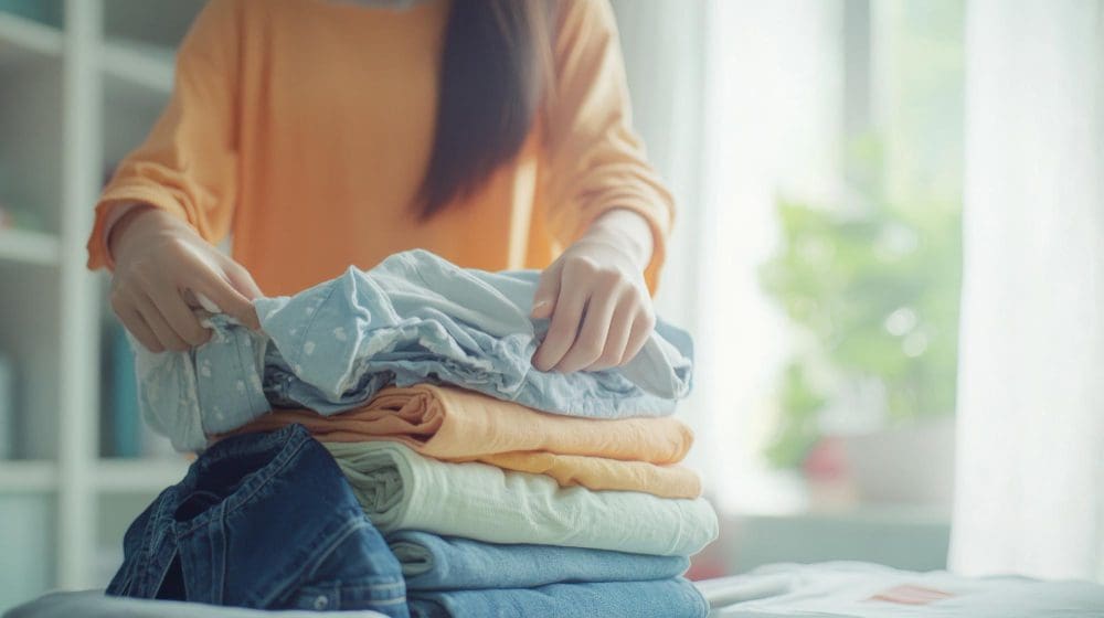A person folds a stack of clothes on a table, with natural light coming through a window and greenery visible in the background.