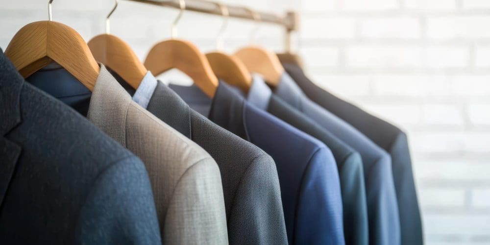 A row of men's suit jackets in various colors hanging on wooden hangers on a clothing rack.
