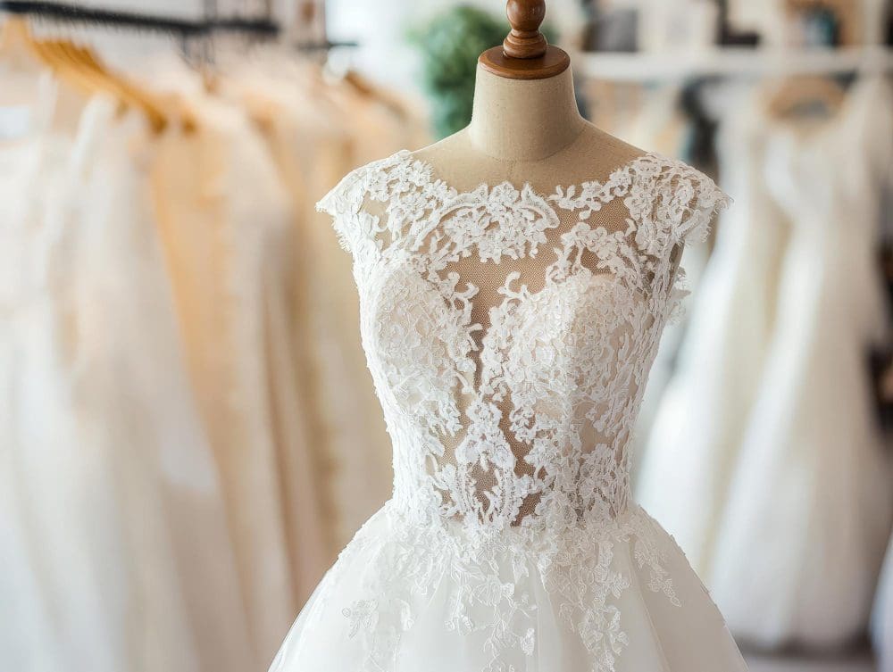 A white lace wedding dress with a fitted bodice and cap sleeves displayed on a dress form in a bridal shop.