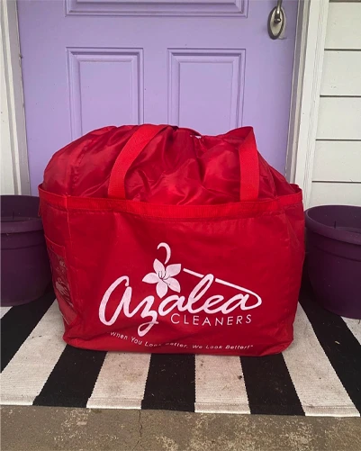 A large red Azalea Cleaners bag sits on a black-and-white striped doormat in front of a lavender door, flanked by two purple planters.