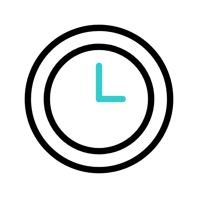 Black outlined clock icon with blue hour and minute hands indicating 3 o'clock, on a white background.